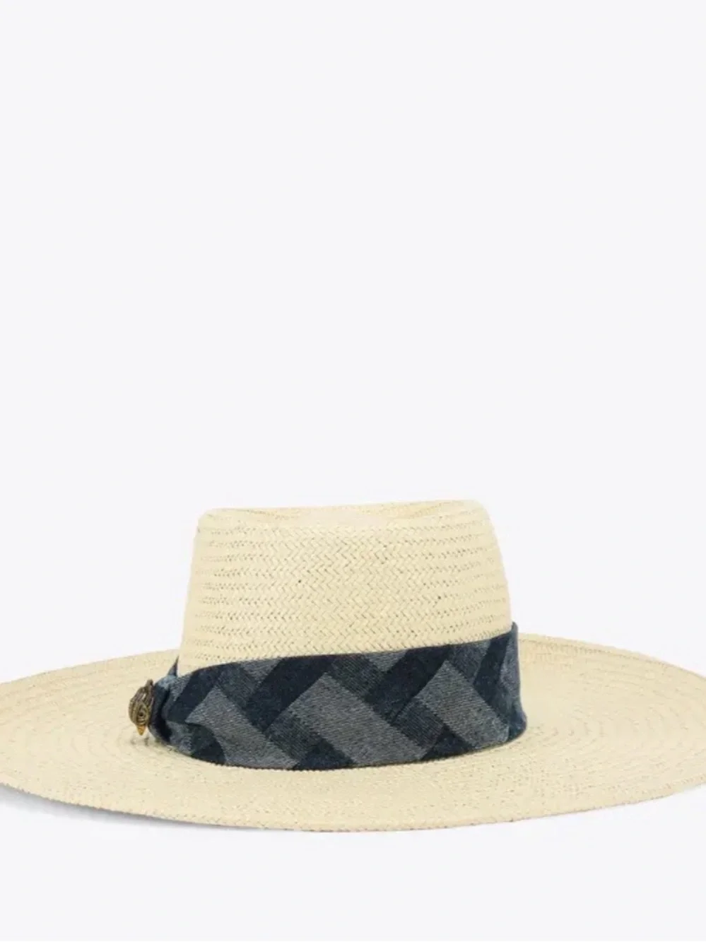 Kurt Geiger Kensington Wide-Brim Straw Fedora Hat with Navy Denim Band